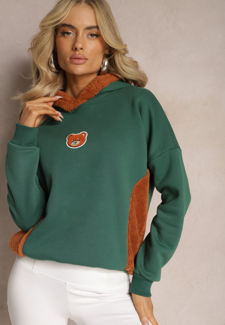 Bluza Verde din Bumbac cu Aplicație Decorativă cu Ursuleț și Glugă din Fleece Hecatia