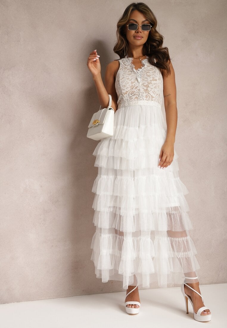 Rochie Albă De Seară Maxi Decorată cu Dantelă și Volane Fariel