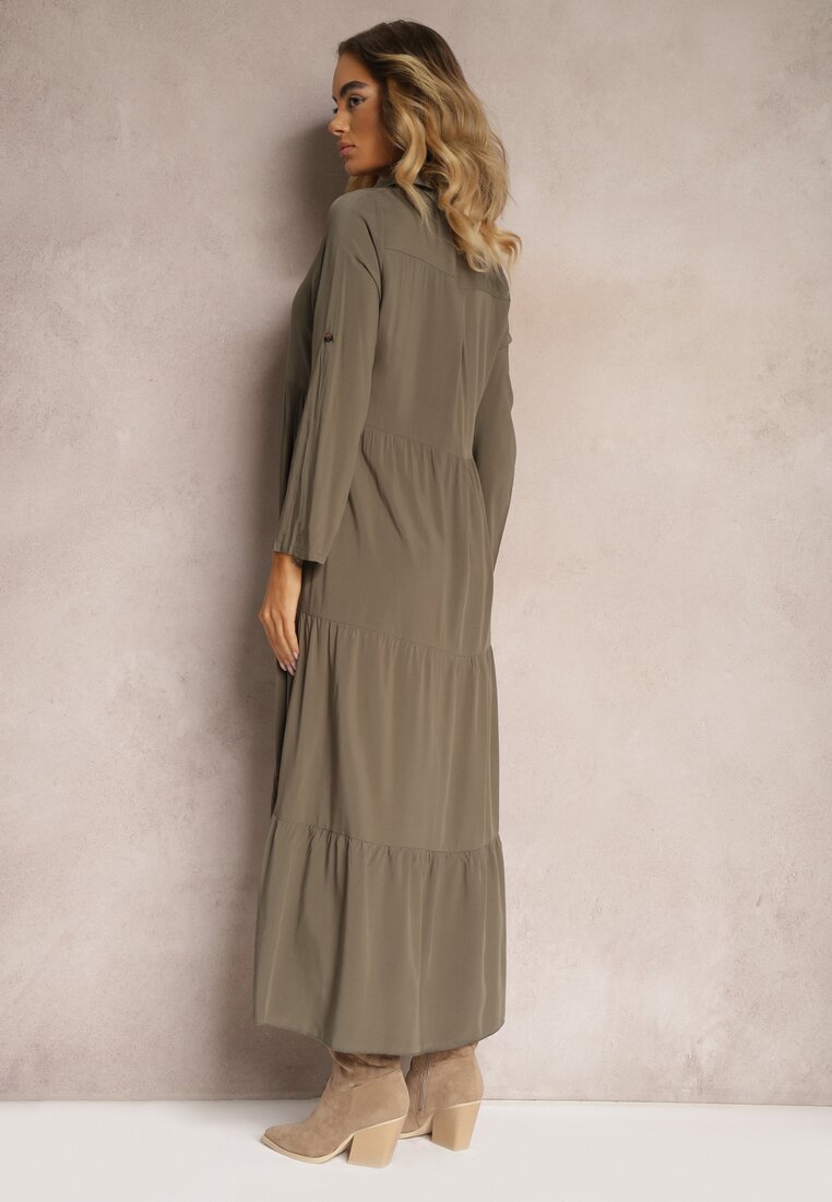 Rochie Verde închis Cloș Maxi din Bumbac Stil Cămașă Onecca