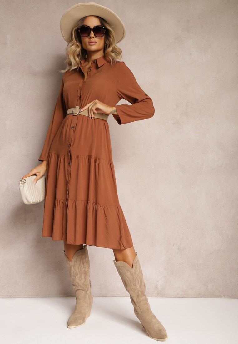 Rochie Evazată Maro din bumbac stil cămașă Canidre