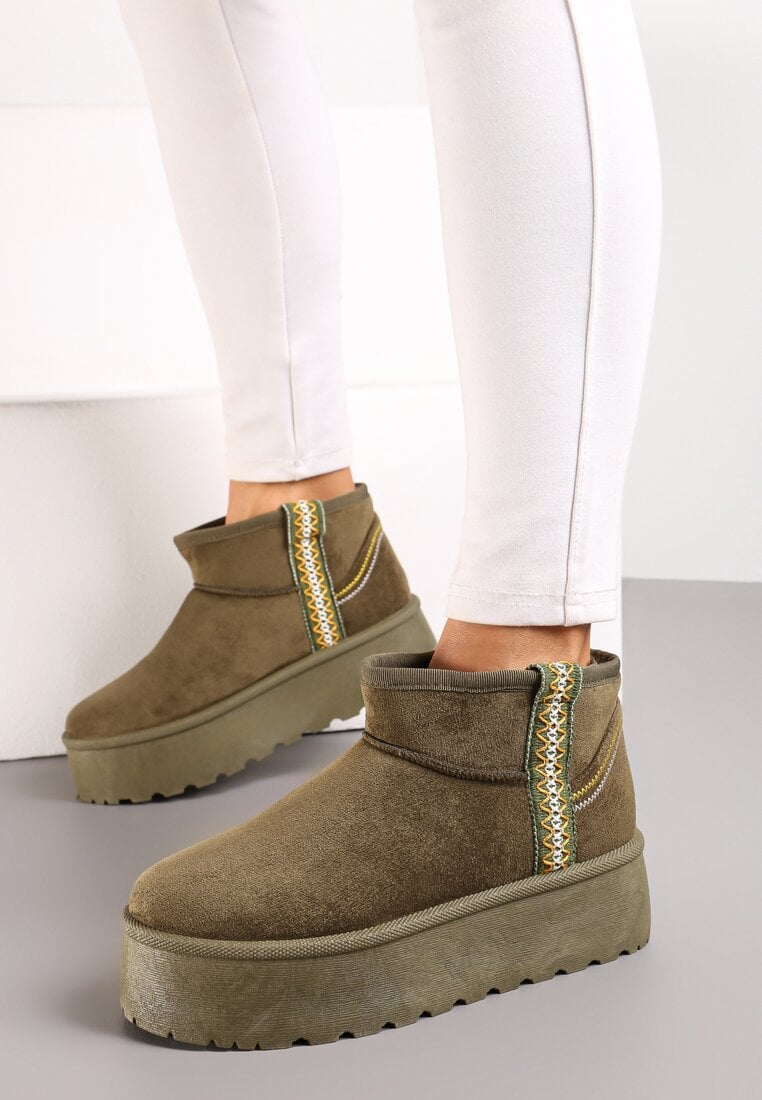 Cizme de zapadă Verzi tip slip-on cu curea decorativă și talpă groasă Veonli