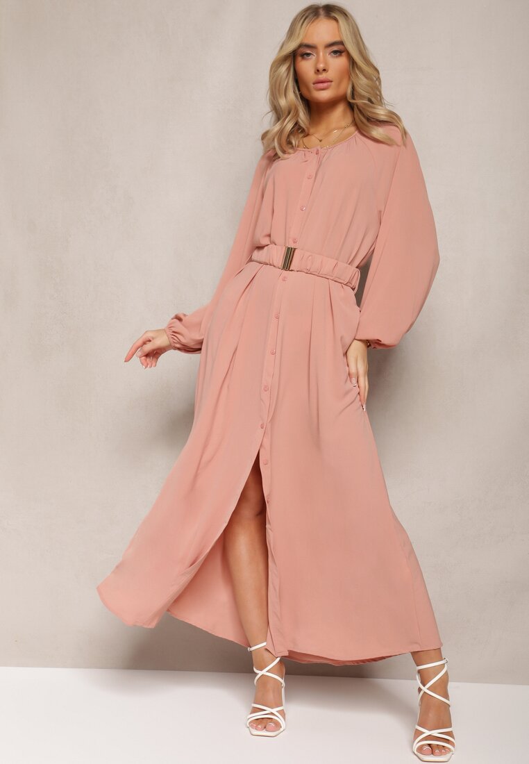 Rochie maxi roz închis cu croială lejeră, cu nasturi și curea cu cataramă metalică Ferian