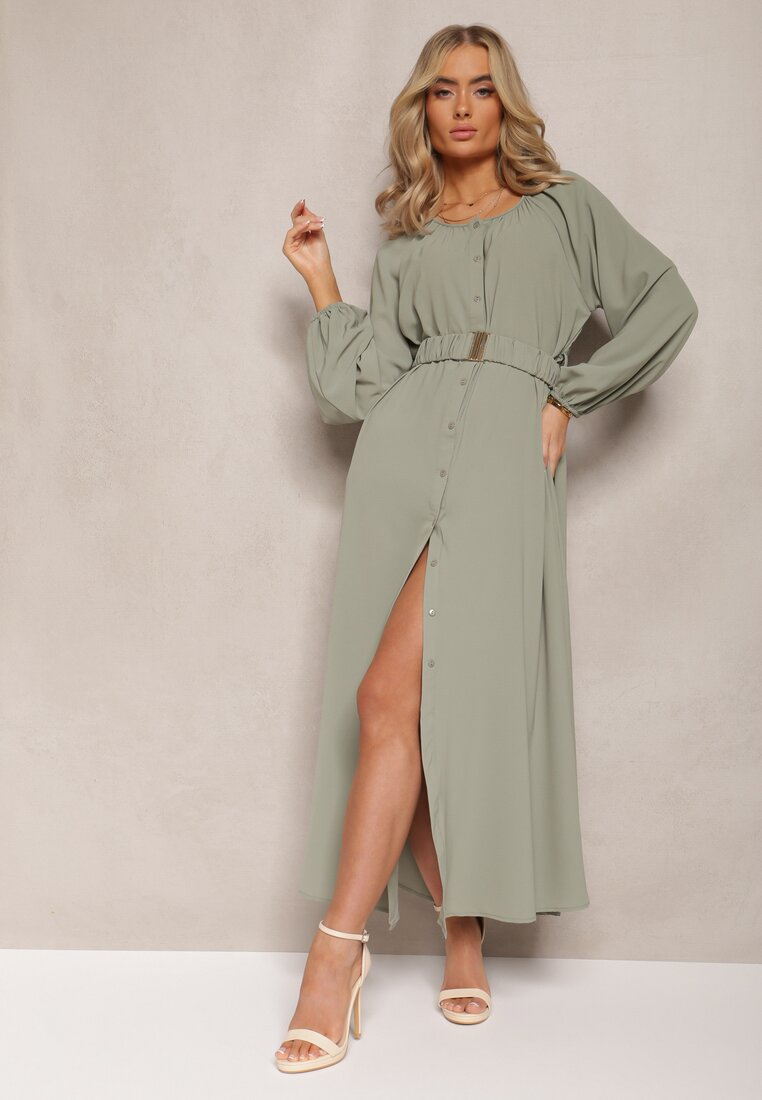 Rochie Maxi Verde închisă cu croială lejeră cu nasturi și curea cu cataramă metalică Ferian