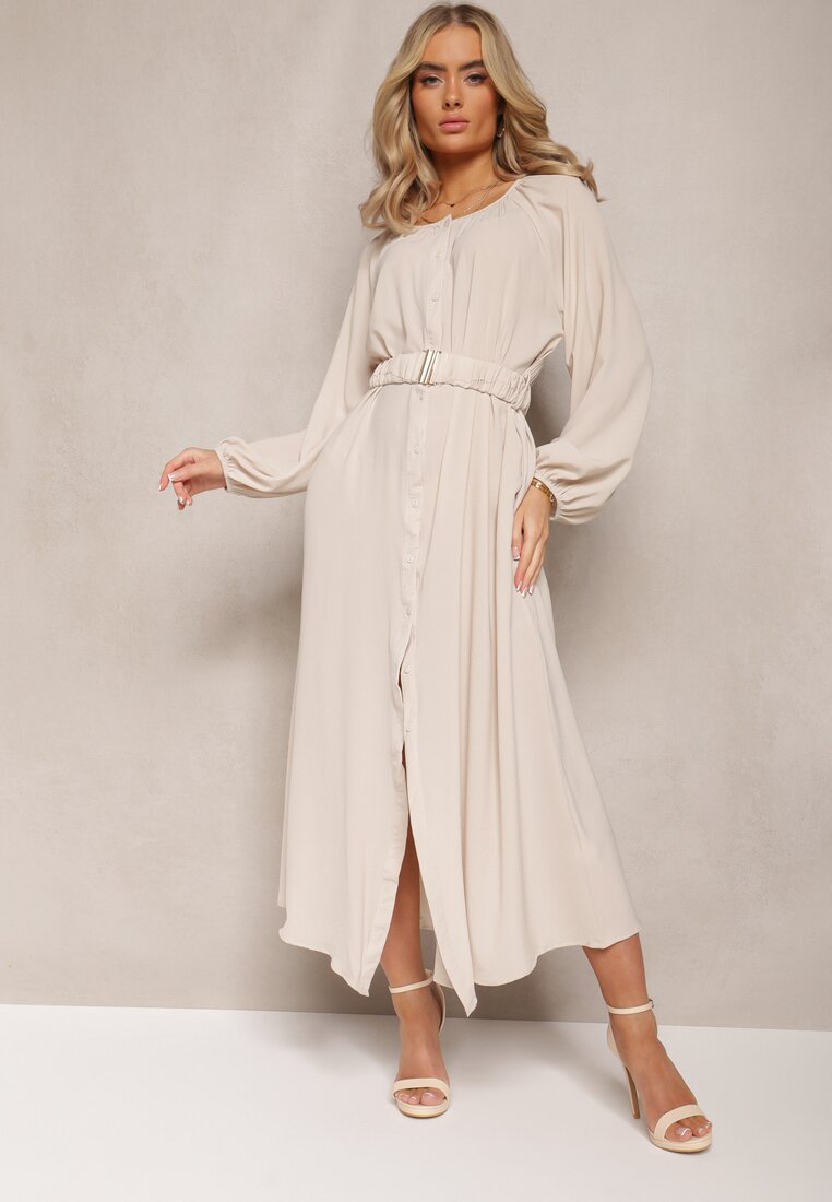 Rochie Jasno Bej Maxi cu croială lejeră, cu nasturi și curea cu cataramă metalică Ferian
