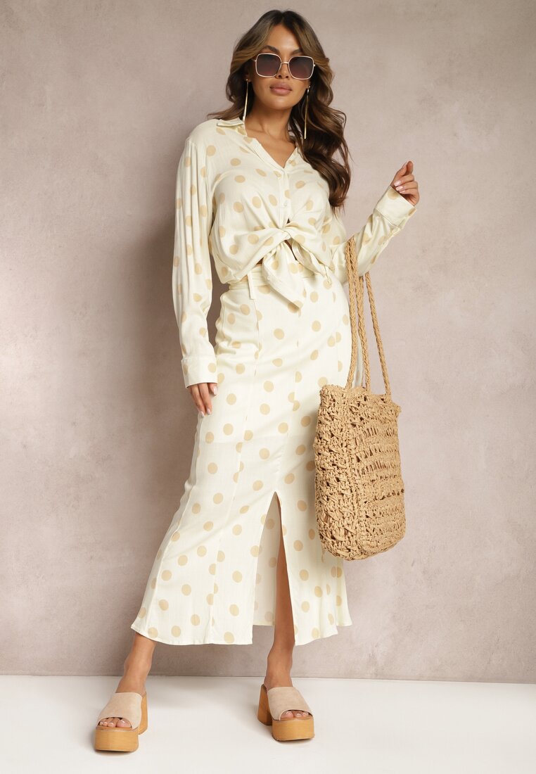 Fustă midi Bej deschis cu talie înaltă și curea cu buline Fiunea