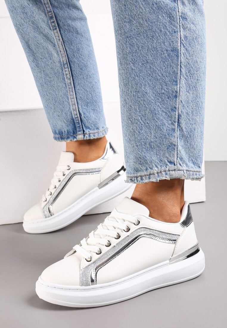 Adidași Albi cu Talpă Groasă cu Sclipici Veneli