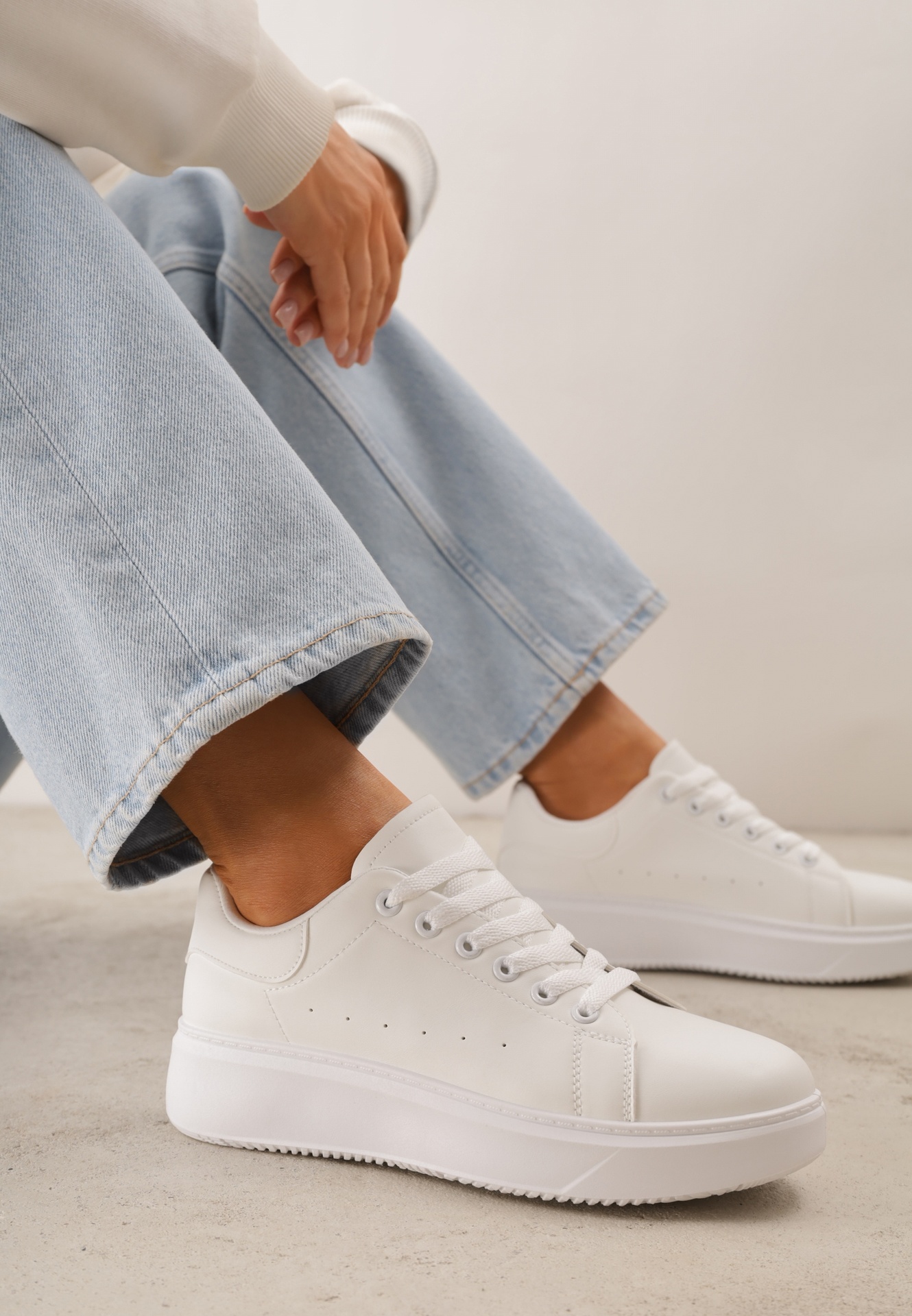 Adidași Albi din Piele Ecologică cu Talpă Groasă cu Șireturi Serizia