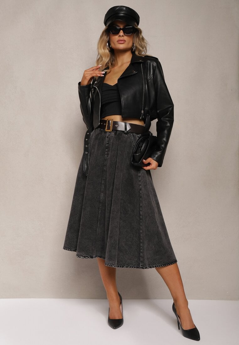 Fustă Midi Evazată din denim Neagră cu curea Wendlla