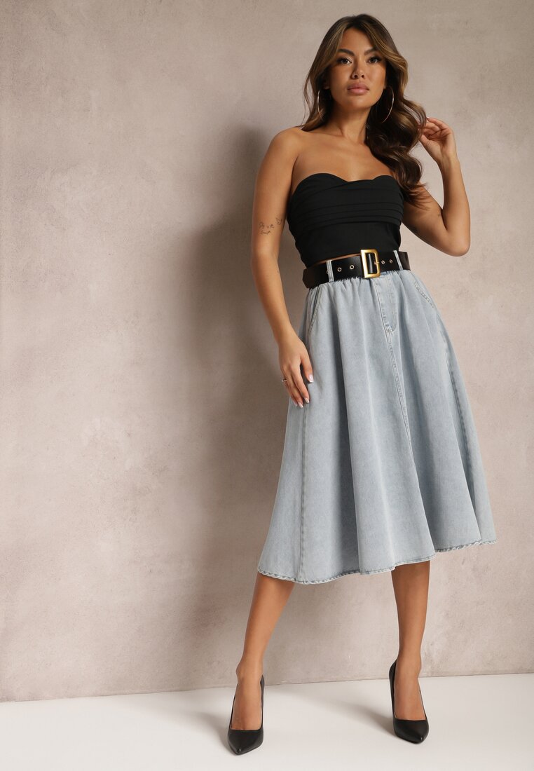 Fustă Evazată Albastru deschis Din denim Midi cu Centură Wendlla