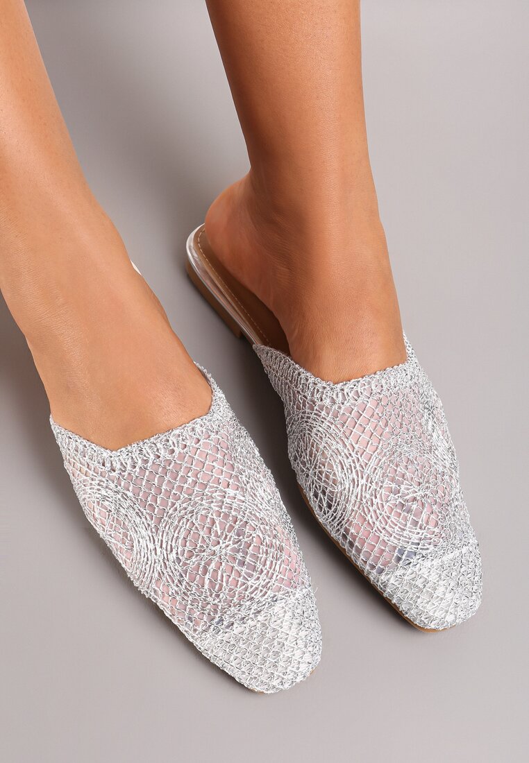Papuci Mule Argintii Împletite Aluse