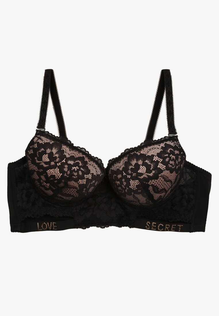 Sutien Push-Up Negru-Bej Decorat cu Dantelă și Inscripții cu Paiete Elisei