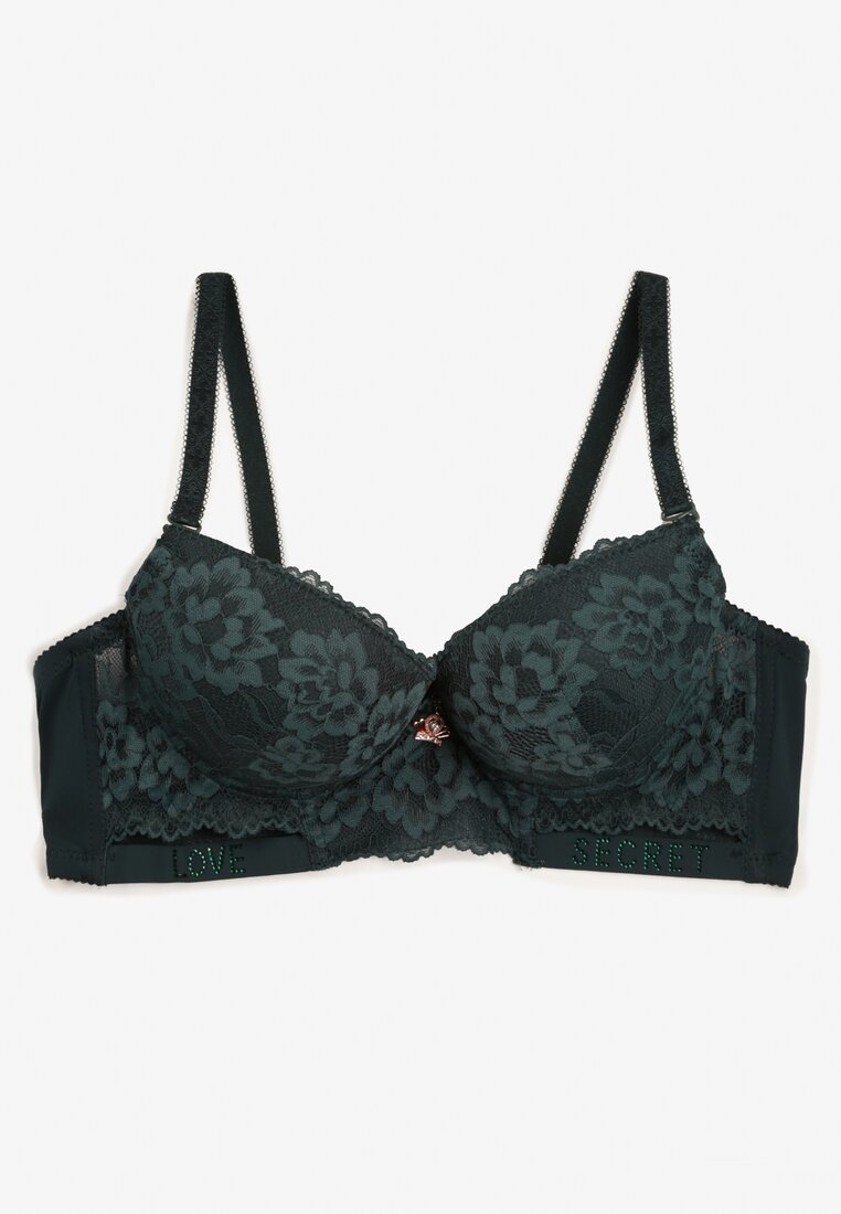 Sutien Verde închis Push-Up Decorat cu Dantelă și Inscripții cu Paiete Elisei