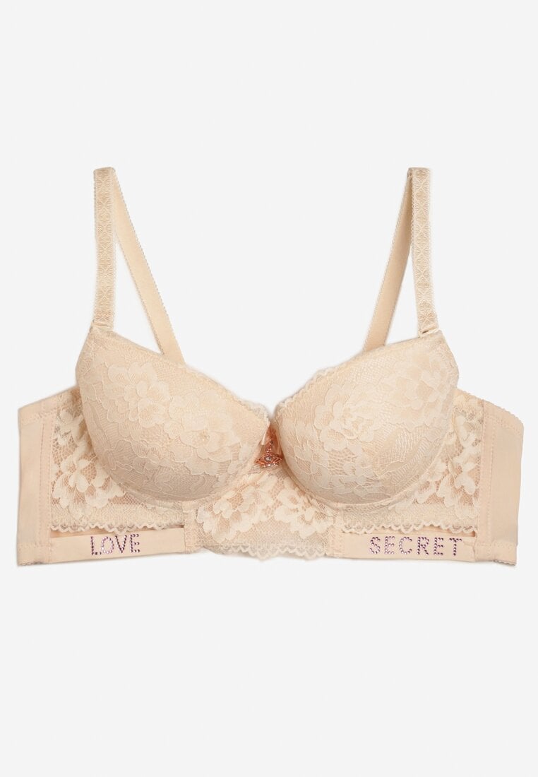 Sutien Push-Up Bej Decorat cu Dantelă și Inscripții cu Paiete Elisei