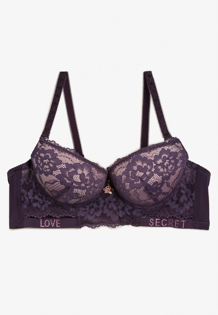 Sutien Push-Up violet decorat cu dantelă și inscripții cu paiete Elisei