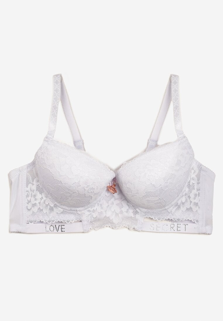 Sutien Alb Push-Up Decorat cu Dantelă și Inscripții cu Paiete Elisei