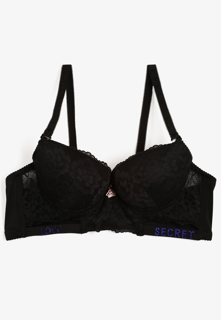 Sutien Negru Push-Up Decorat cu Dantelă și Inscripții cu Paiete Elisei