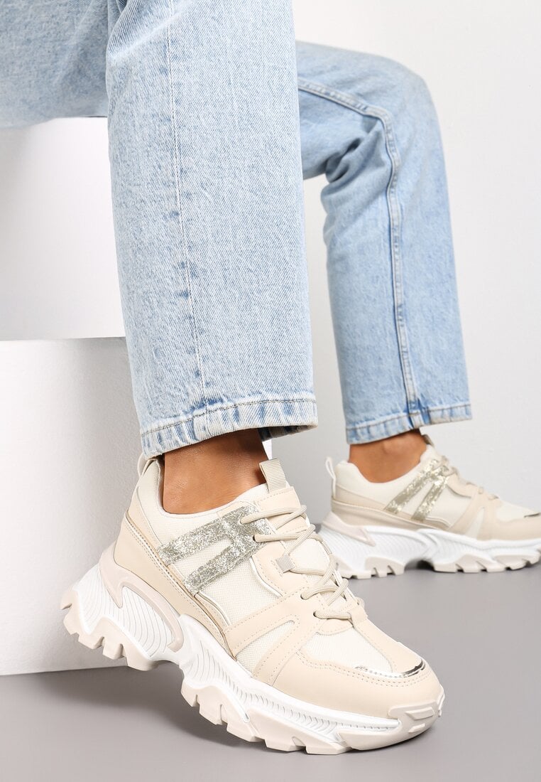 Sneakers bej cu șireturi cu talpă groasă cu inserții și sclipici Widgeta
