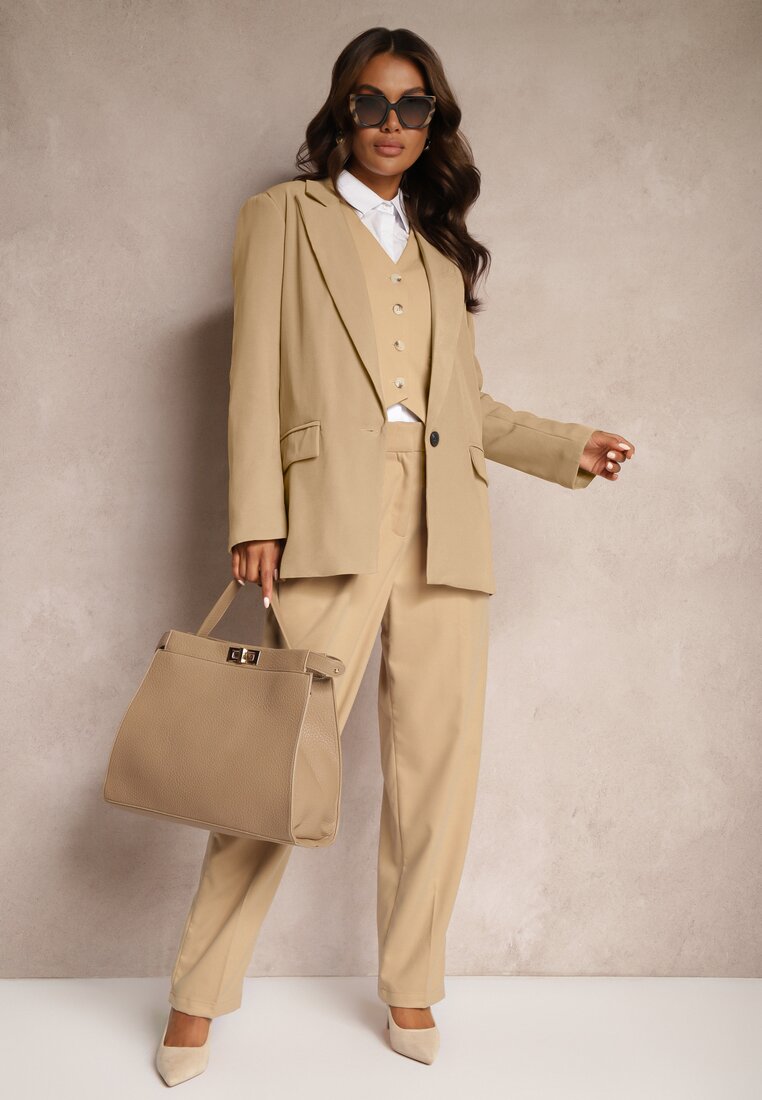 Pantaloni Bej Largi cu Buzunare Croială de Costum Verati