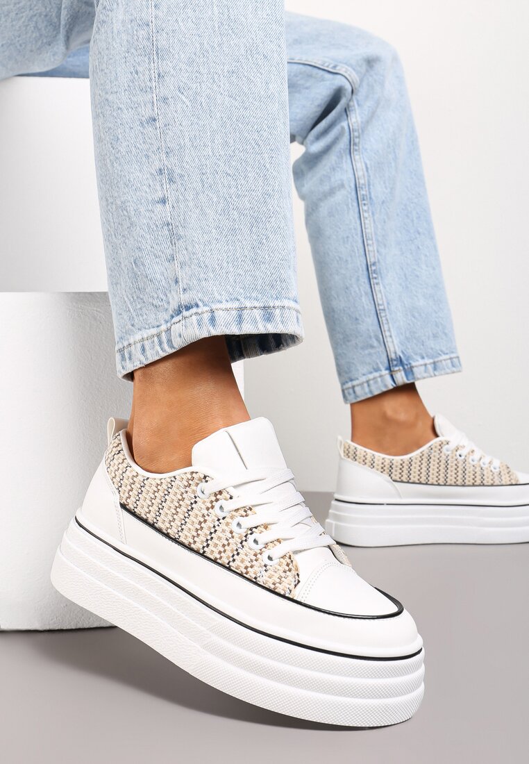 Adidași scurți bej pe platformă înaltă cu inserție din tweed Grogamia