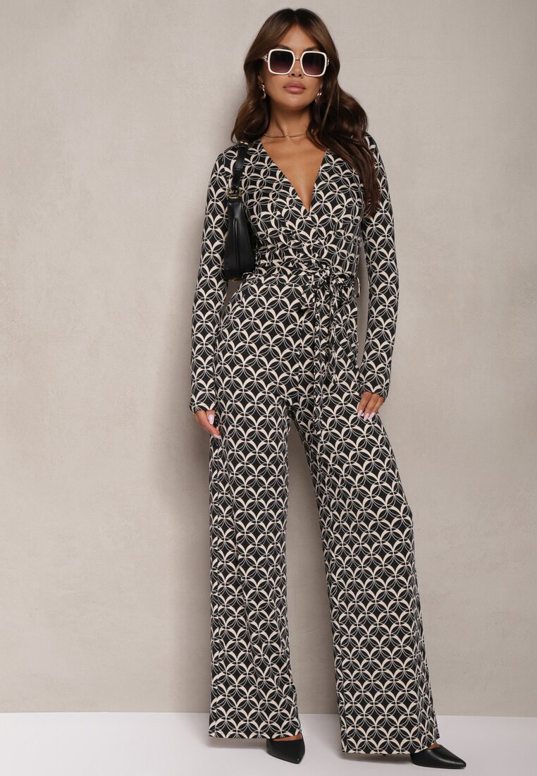 Salopetă Neagră cu Model Mozaic cu Decolteu în V și Cordon Inafil