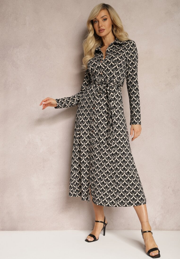 Rochie tip cămașă Negru-Albă Midi decorată cu model geometric și cu cordon Aripel