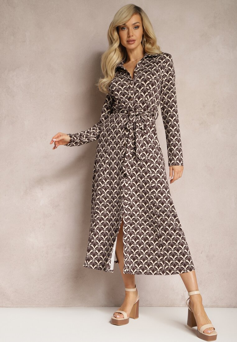 Rochie tip cămașă Maro Midi Decorată cu model geometric și cu cordon legat Aripel