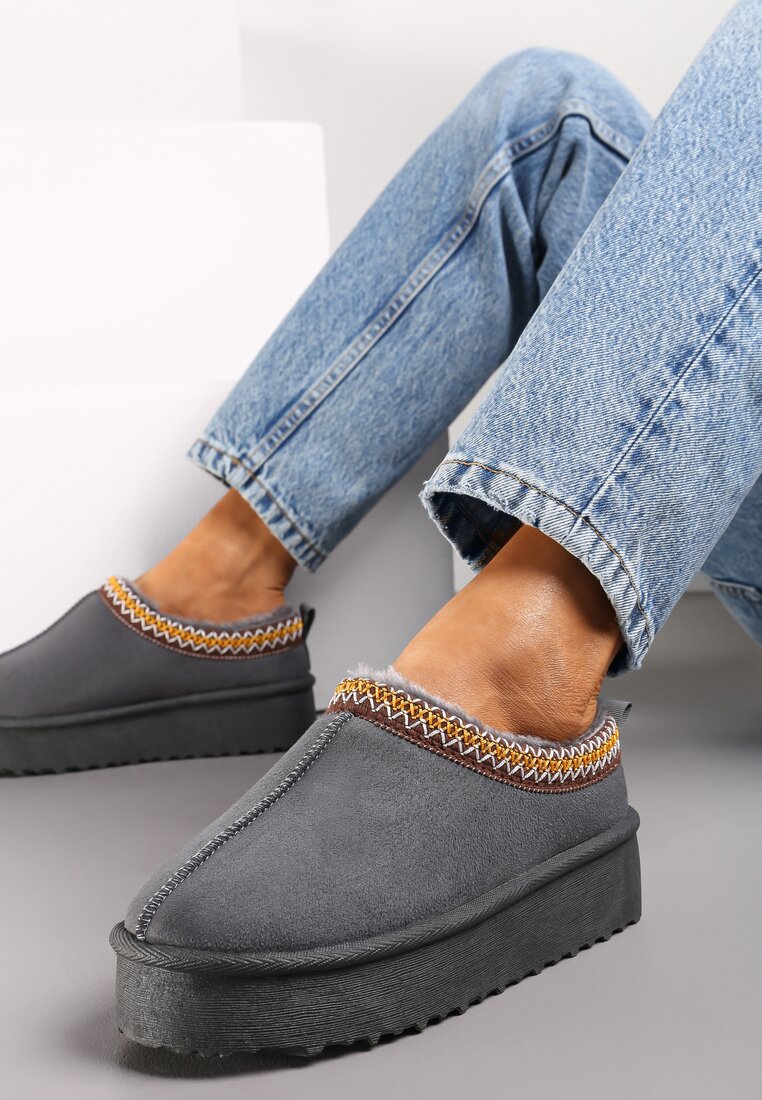 Papuci Gri din piele întoarsă ecologică pe platformă decorați cu panglică cu model Pladina