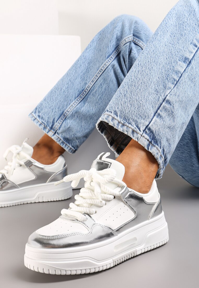 Adidași Alb-Argintii pe platformă cu șireturi late Viletra