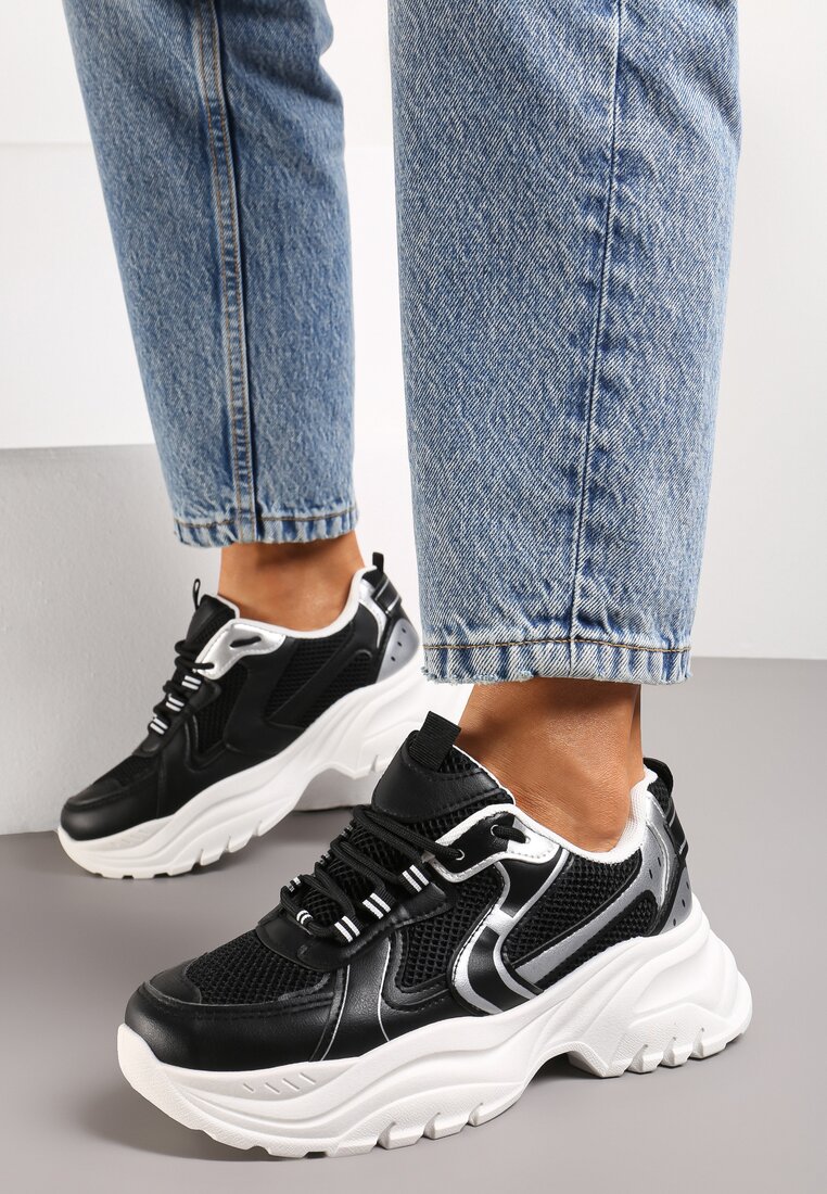 Adidași Negri cu Cusături și Inserții din Piele Ecologică Metalizată Tineal