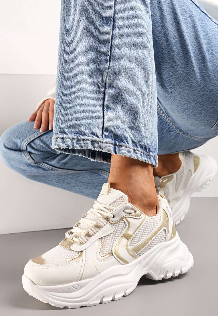 Sneakerși Bej cu Cusături și Inserții din Piele Ecologică Metalizată Tineal