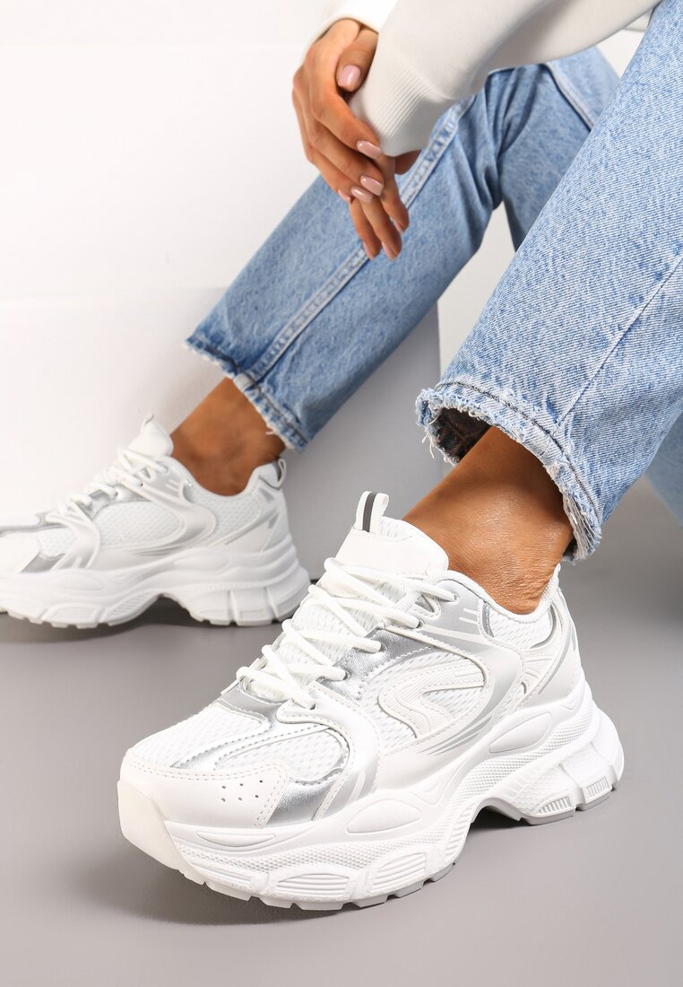 Sneakers Alb-Argintiu pe Talpă Masivă cu Plasă Kubbia
