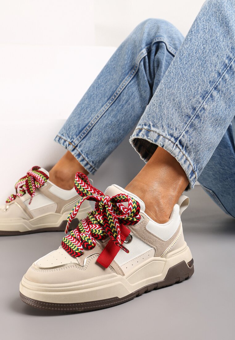 Sneakers bej închis pe talpă plată cu șireturi groase și cusături Joliat