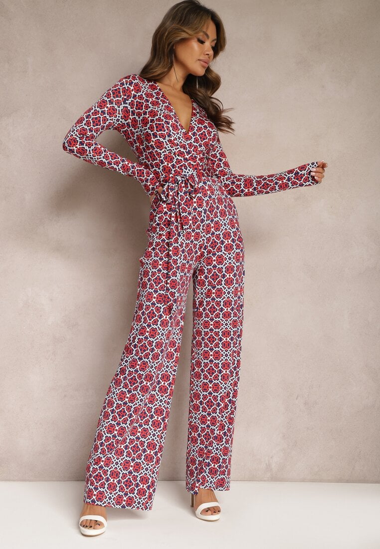 Salopetă Roșu-Alb cu Imprimeu Geometric cu Picior Larg și Curea în Talie Soliti