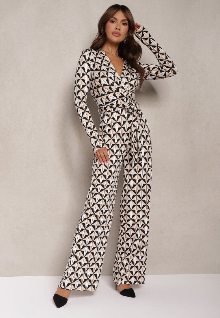 Salopetă Bej și Negru cu croială cambrată, cu cordon din material și imprimeu geometric Fenoria