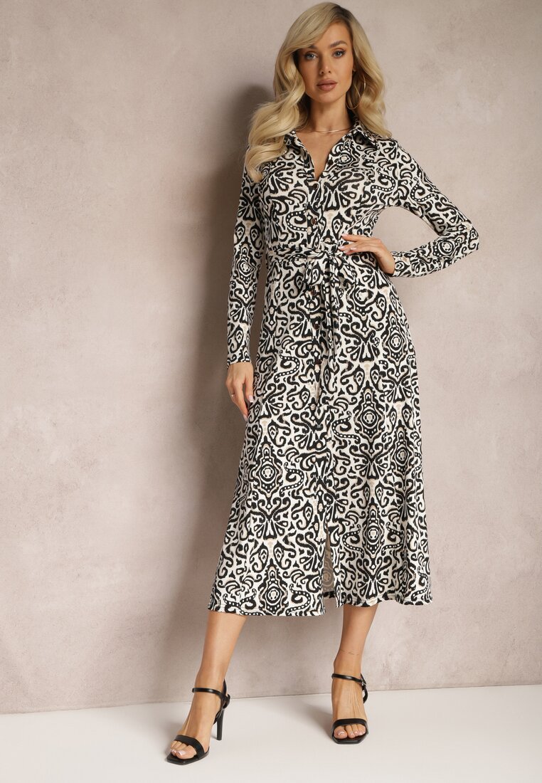 Rochie Alb-Negru stil cămașă Midi cu evazare și curea Lanibe