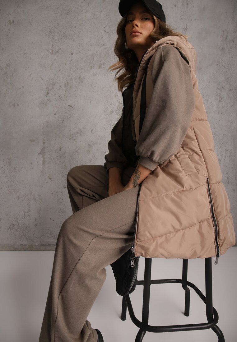 Vestă Bej Lungă Matlasată Reversibilă cu șnururi la glugă Frenila