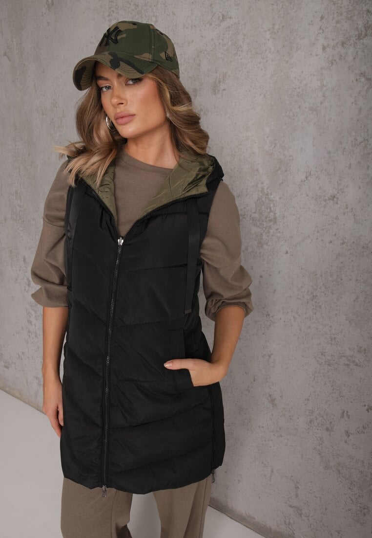 Vestă Neagră Lungă Matlasată Reversibilă cu șnururi la glugă Frenila