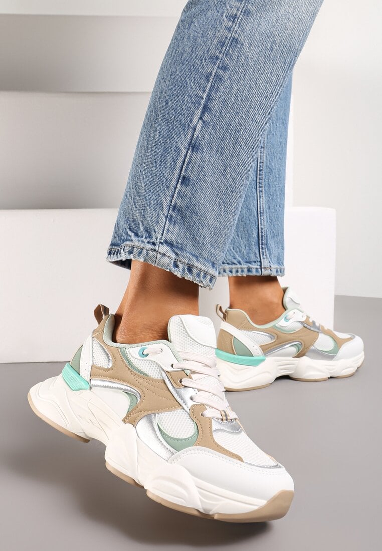 Sneakers Alb-Bej cu Inserții Metalice și Plasă pe Talpă Groasă Riliera