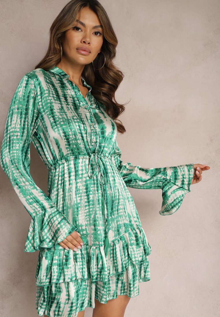 Rochie Cloș Verde cu model Acuarelă cu Volane Heava