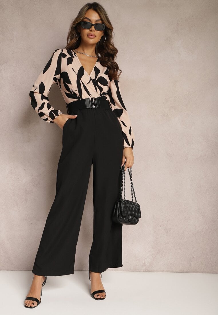 Salopetă Lungă Negru-Roz cu Bluză Contrastantă și Cordon în Talie Bintia