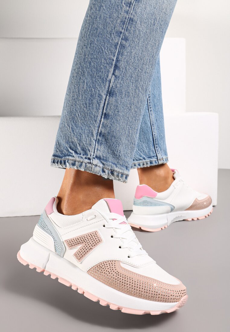 Sneakers Albe-Bej decorate cu Zirconii pe Talpă cu Decupaje Larzive