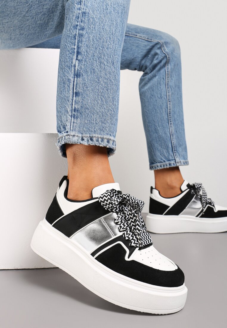 Adidași Alb-Negri cu Cusături și Șireturi Decorative cu Talpă Groasă Timarel