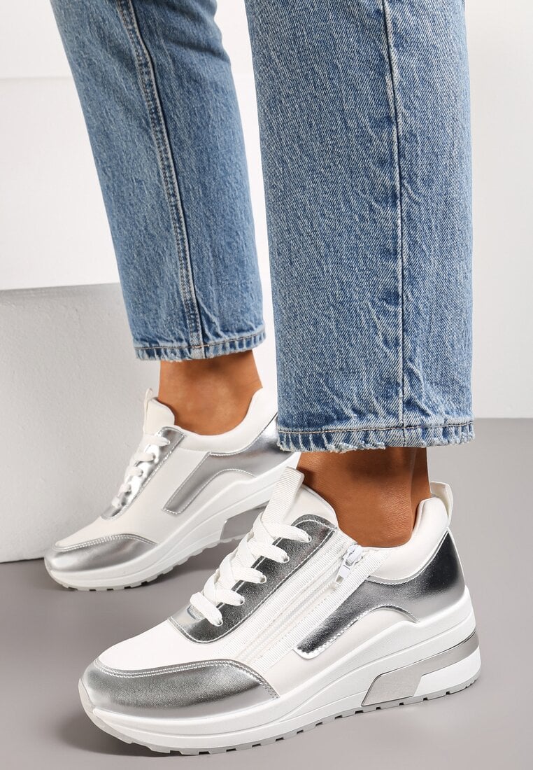 Adidași Alb-Argintiu din Piele Ecologică cu Detalii Strălucitoare și Fermoar Decorativ Raviles