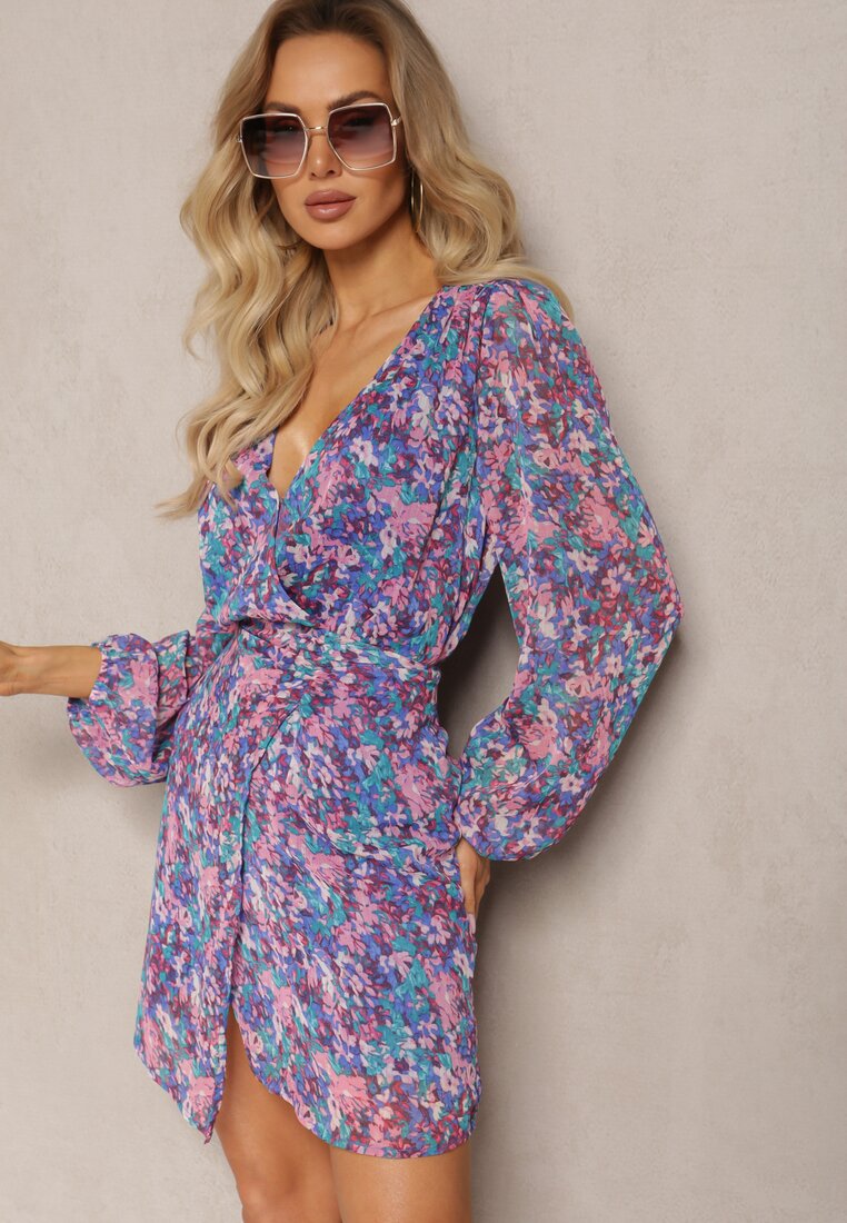 Rochie scurtă înfășurată Albastru-Violet cu model floral Ninora