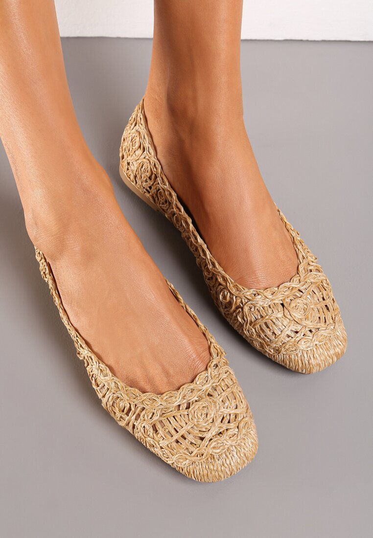 Balerini Bej închis pe talpă plată cu model ajurat din împletitură Erolani