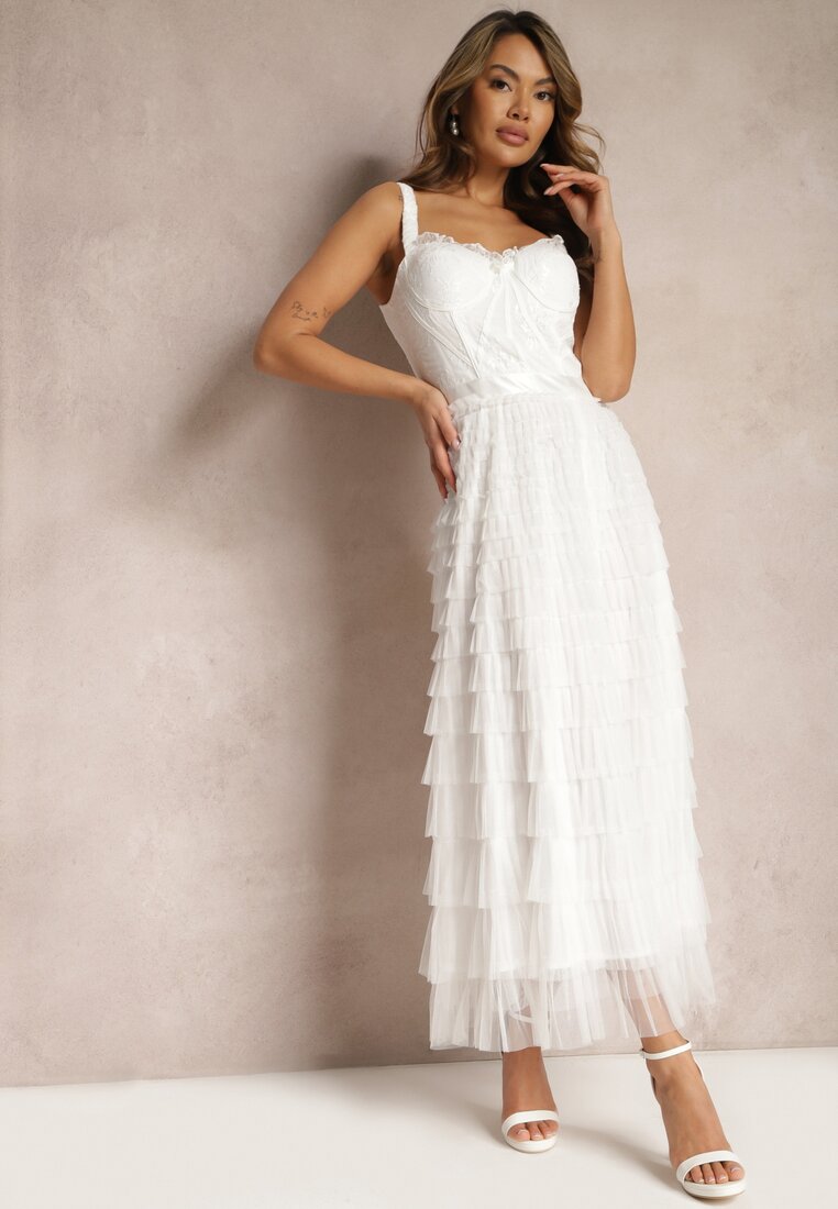 Rochie Maxi Albă Cloș cu Bretele și Corset în Partea de Sus Ocartia