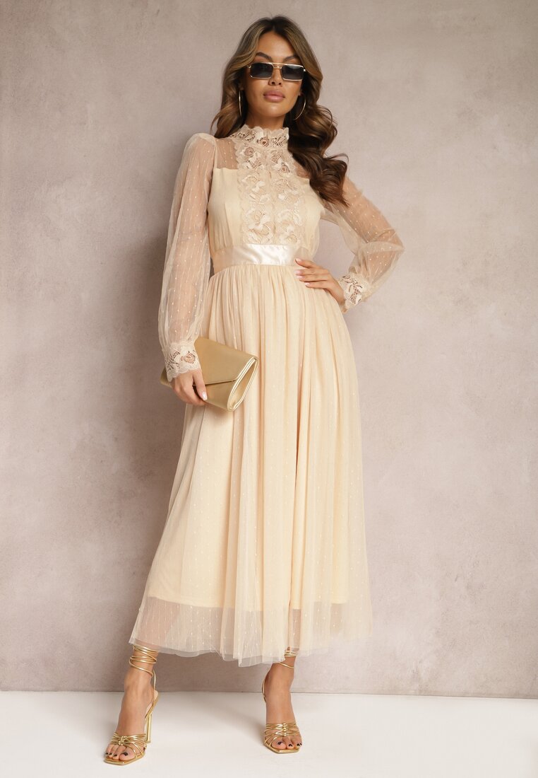 Rochie din plasă Bej Maxi cu croială evazată cu dantelă decorativă Narile