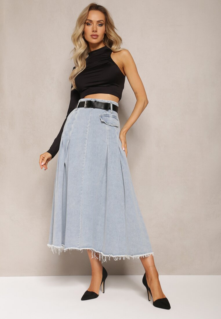 Fustă evazată de blugi albastru deschis cu curea inclusă Grinna