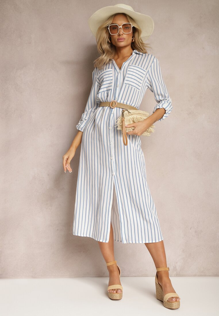 Rochie Midi Cămășă Alb-Albastră în dungi cu in și Cordon Împletit Deschis Efordia