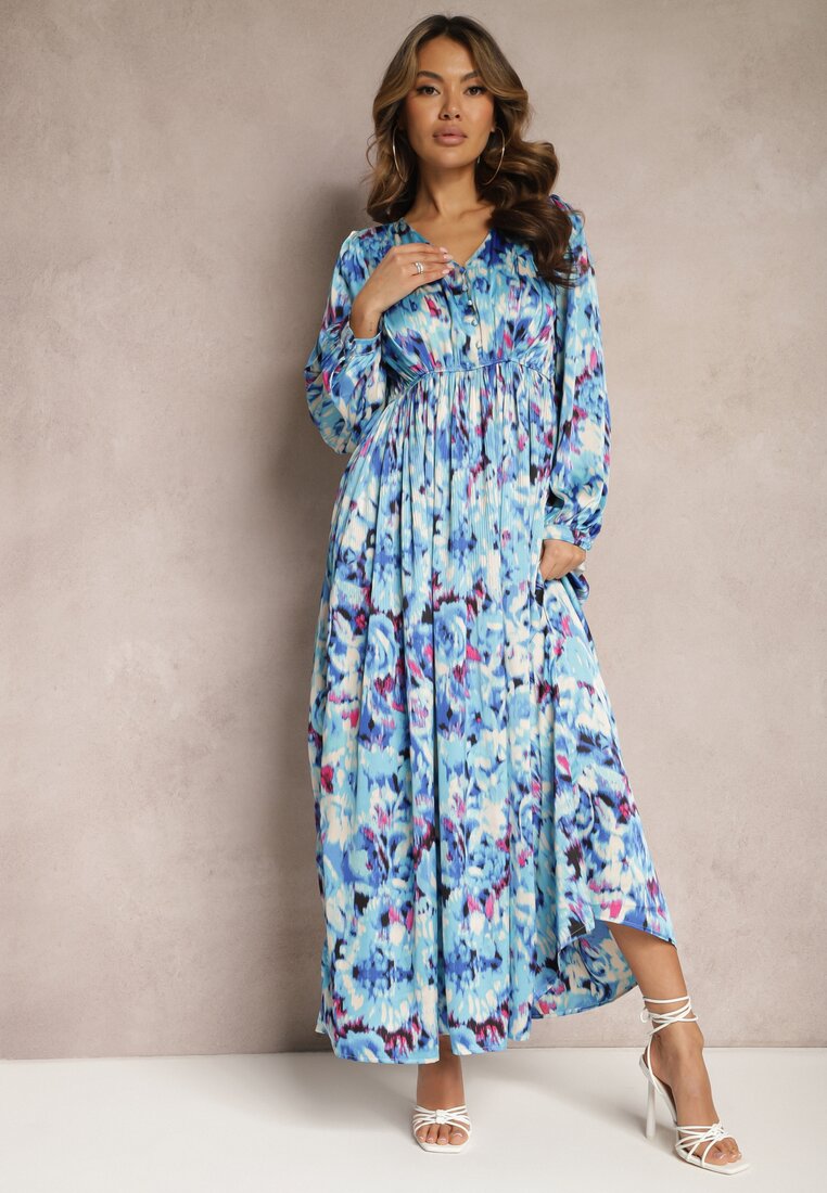 Rochie de satin maxi cambrată bleumarin cu imprimeu abstract Arcadina